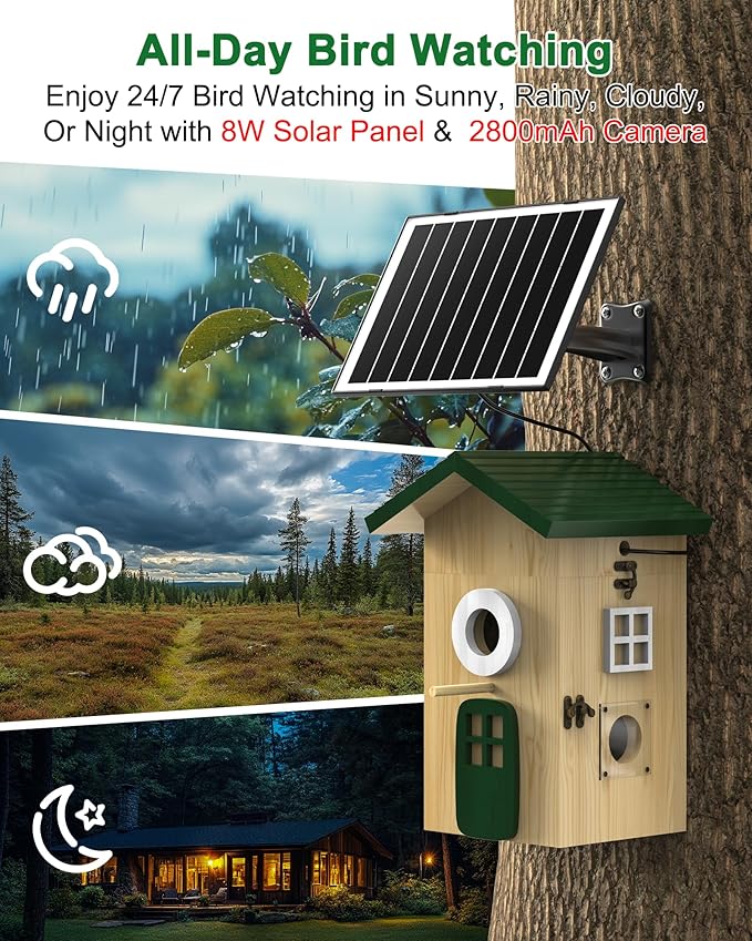 Smart Bird House with Camera Solar Powered, 2K HD Wi-Fi Bird Watching Camera for Birdhouse, Auto Detect & Notify, Night Vision, APP Control, Wooden Birdhouse with Camera Inside（Door & Window）