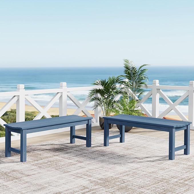 Outdoor Bench Set of 2, 2-Person Patio Backless Benches, HIPS Weatherproof Garden Bench That Never Rot and Fade, Suit for Backyard, Church, Patio, Deck and Entryway (Blue)