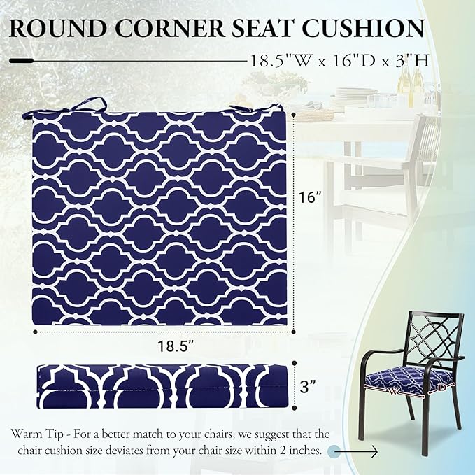 Wellsin Outdoor Chair Cushions for Patio Furniture - Outdoor Cushions for Chairs - Water Resistant Patio Chair Cushions Set of 4, 18.5"X16"X3", Trellis Navy
