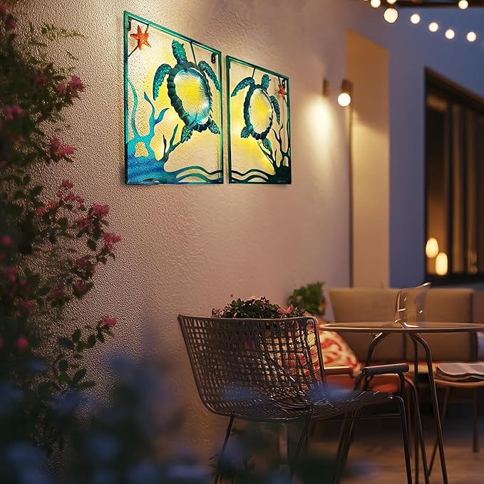 LIFFY Metal Sea Turtle Beach Themed Bathroom Wall Art Decor with Frame-Outdoor Wall Art with LED Fairy Lights, Fish Glass Art Wall Sculpture for Patio,Beach,Garden,Yard,Pool,home gift(2pcs, Blue)