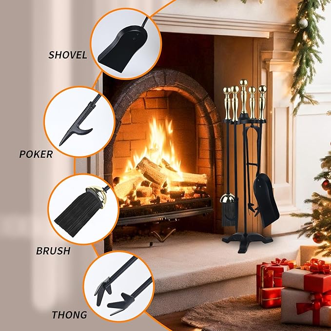 5-Piece Fireplace Tools Set with Stand – Wrought Iron Fire Pit Tool Kit with Poker, Tongs, Shovel, Brush & Heavy-Duty Base for Indoor or Outdoor Fireplaces (Black)