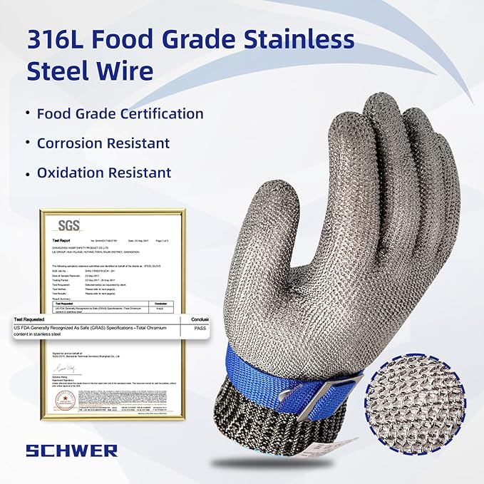 Schwer SlicePro ANSI A9 Cut Resistant Glove PR1706, Stainless Steel Mesh Metal Glove, Food Grade for Kitchen Cooking, Butcher Meat Cutting, Oyster Shucking, Mandoline, (XL, 1 Pair)
