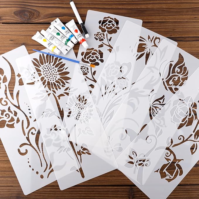 6pcs Garden Fence Large Flower Stencils, Flower Painting Wood Template Floral Drawing Stencils Wall Stencils for Crafts Reusable Outdoors Wall Decoration Home Floor Decor Drawing Supplies