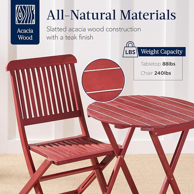 Best Choice Products 3-Piece Acacia Wood Bistro Set, Folding Patio Furniture for Backyard, Balcony, Deck w/ 2 Chairs, Round Coffee Table, Teak Finish - Ruby
