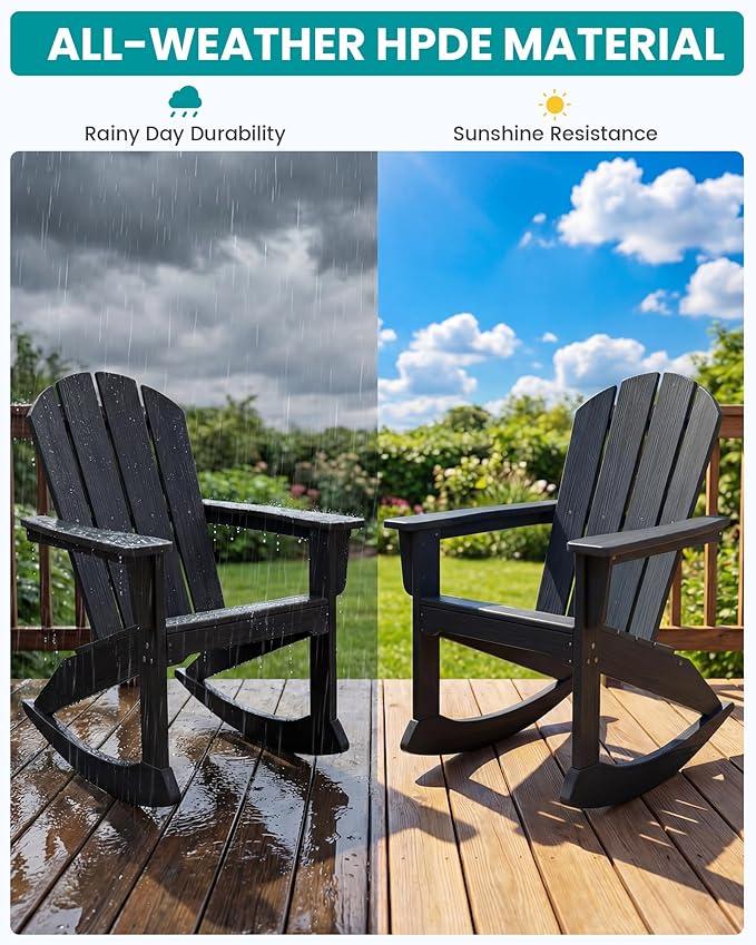 SERWALL Outdoor Adirondack Rocking Chairs Set of 4, All-Weather HDPE Adirondack Rocker Chair, Front Porch Rocker Chairs for Patio Lawn Porch Deck, Black
