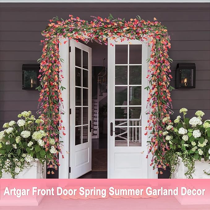 Artgar Flower Garland 6Ft Spring/Summer Garland Floral Garlands for Mantle All Year Round Paper Garlands Decor for Indoor Outdoor Home Wedding Arch Porch Stair Year Round Decor (Red&Orange&Purple)