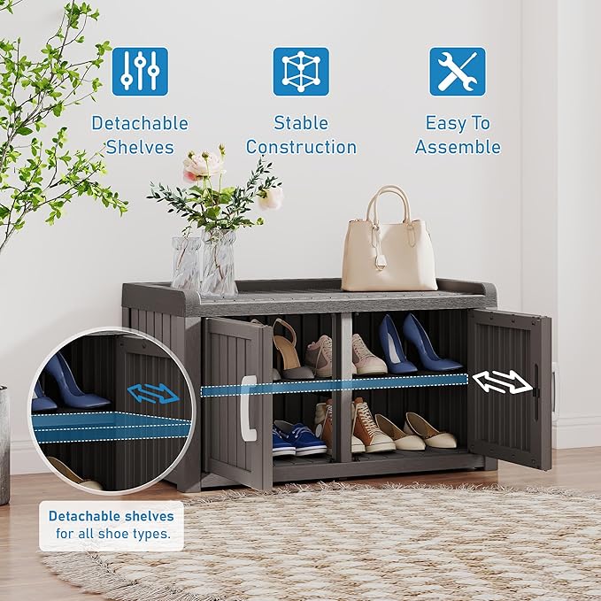 KAMABOKO Shoe Storage Cabinet Waterproof UV-Resistant, Entryway Storage Bench Indoor Outdoor with 2 Barn Doors, Adjustable Shelves for Entryway, Bedroom, Hallway,Living Room(Grey)