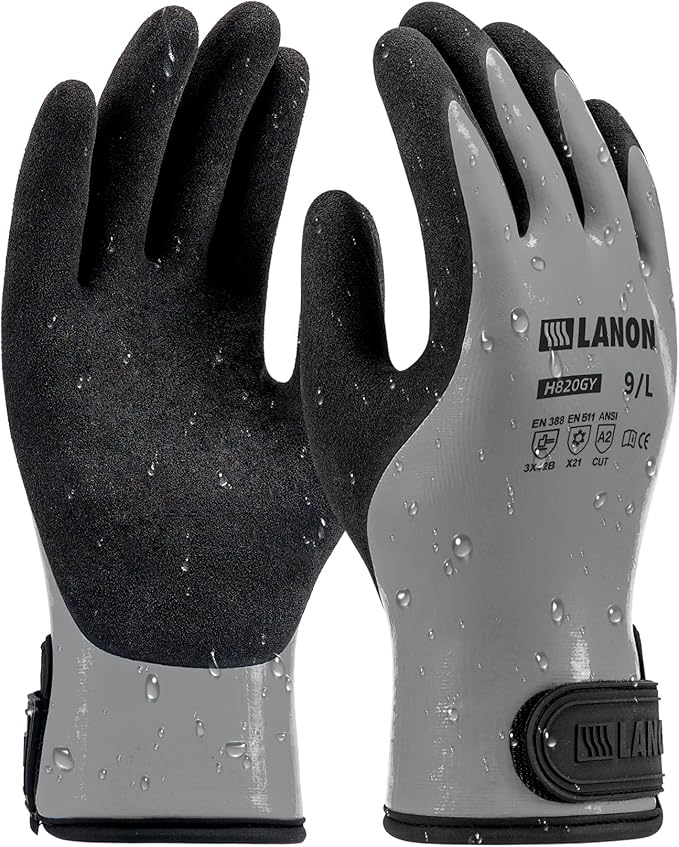 LANON Waterproof Winter Work Gloves, Double Latex Coated, Thermal Insulated Freezer Gloves for Cold Weather, Heavy Duty, Non-Slip Grip, Wrist Closure, Grey,L