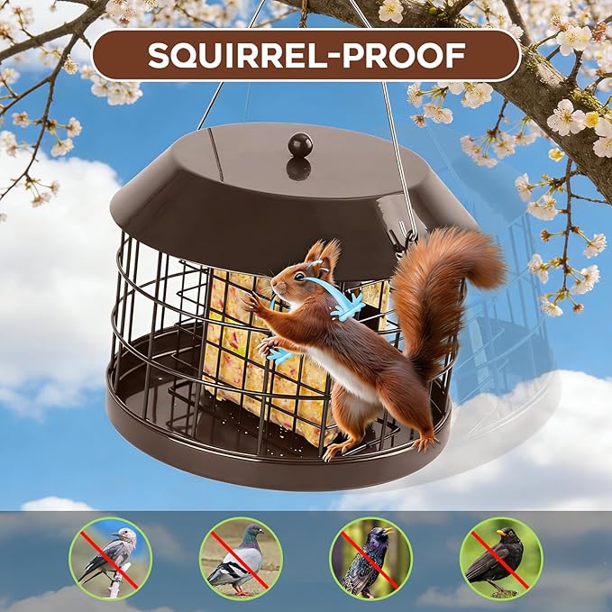 Caged Suet Bird Feeder for Outdoors Hanging, Squirrel Proof Double Suet Feeder for Small Birds, Metal Cage with Detachable Hook, Large Space, Outdoors Weatherproof, Brown