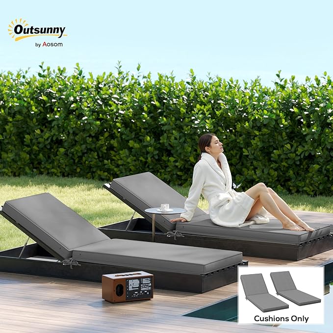 Outsunny Chaise Lounge Cushions Outdoor Set of 2, Fade Resistant, 72 x 21 x 3 in Sun Lounger Replacement Cushions, Patio Lounge Chair Pads with Removable Cover for Pool, Beach, Deck, Lawn, Gray