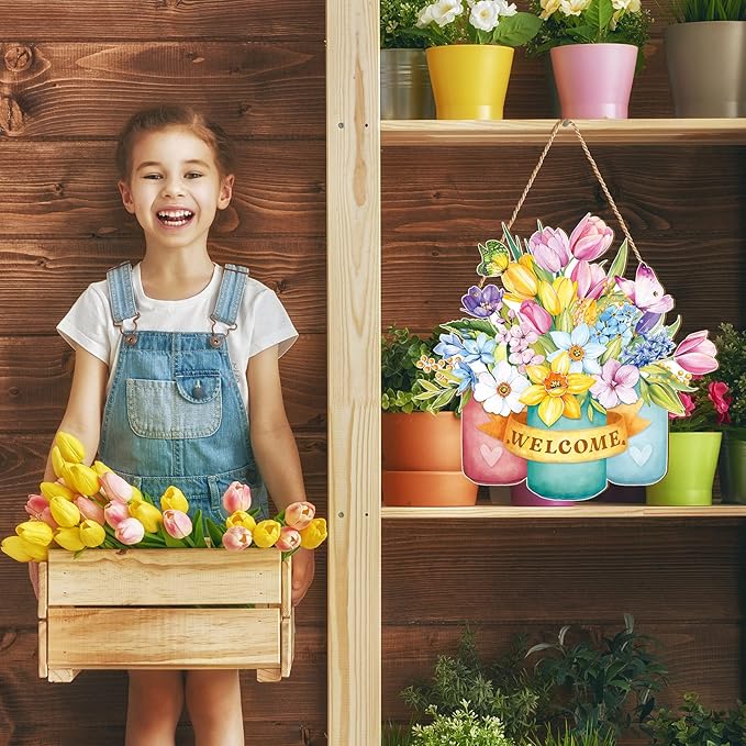 Juexica Spring Door Decor Flower Welcome Sign Spring Wall Hanger for Front Door Decorations Rustic Flower Wall Pediments for Party Outdoor Indoor Decor