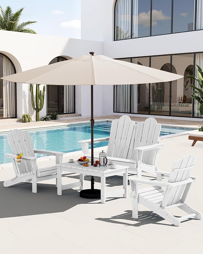 SERWALL HDPE Patio Furniture Set, 2 Adirondack Chair with Cup Holder & 1 Adirondack Bench & 1 Coffee Table with Umbrella Hole, All-Weather Outdoor Adirondack Chair Set for 4, White