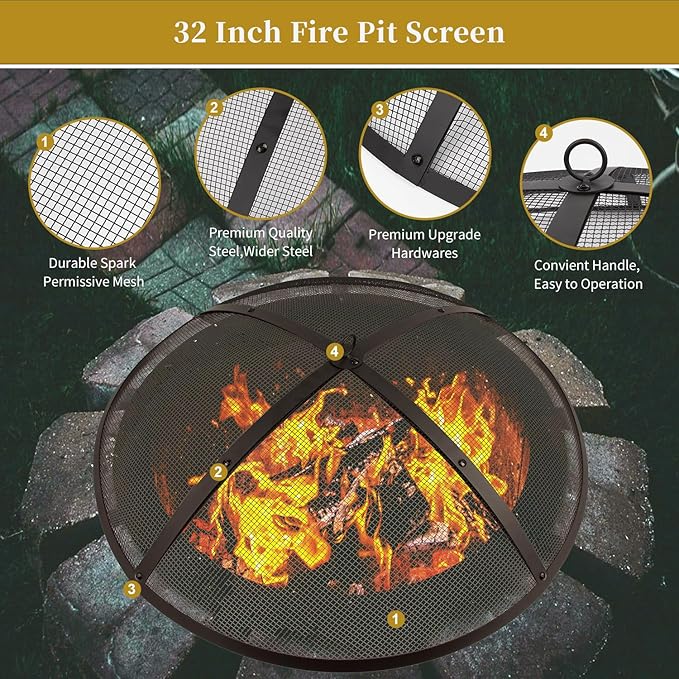 32Inch Heavy Duty Steel Fire Pit Spark Screen Cover,Outdoor Round Patio Mesh FirePit Screens Guard,Domed Fire Pit Ember Lid with Handle