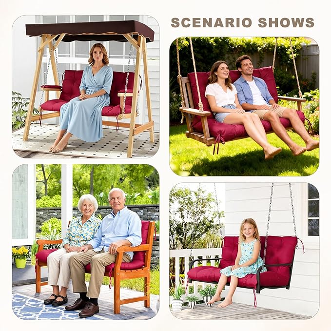 Porch Swing Cushion with Backrest,Waterproof Bench Cushion for Outdoor Furniture,2-3 Seater Replacement Thickened Swing Cushion with Ties,Patio,Outdoor,Backyard and Garden (Wine Red,60x40)