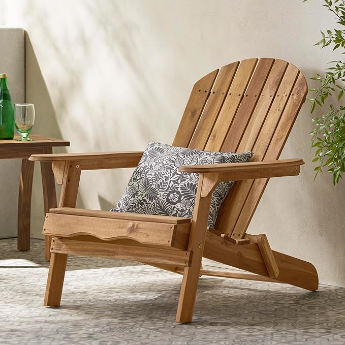 Merax Folding Adjustable Acacia Wood Adirondack Chairs, Water Proof Outdoor Wooden Fire Pit Lounge Reclining Chair for Yard, Garden, Patio, Natural Stained