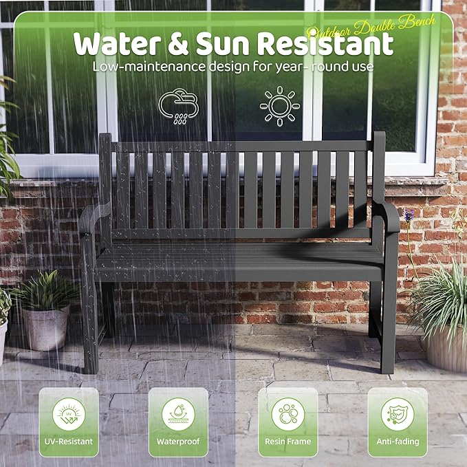 ROJIK Outdoor Bench Resin Patio Chairs Waterproof 2-Person Slatted Chairs with Sturdy Frame, Comfortable Seating for Garden Backyard Porch and Park(Black)
