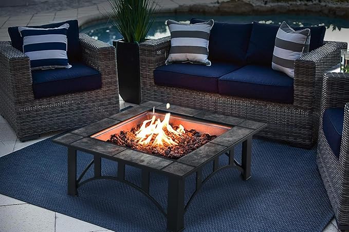 GRAND PATIO Fire Pits for Outside 35'' Wood Burning Square Marble Tile Tabletop Fire Tables for Patio Bonfire,Camping,Outdoor Heating, with Spark Screen and Poker