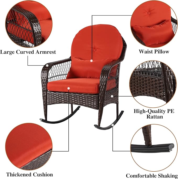 Outdoor Wicker Rocking Chair, All Weather PE Rattan Rocker with Cushion & Pillow, Outdoor Rocking Furniture for Garden, Porch, Backyard, Poolside (Brown Rattan+ Orange Cushion)