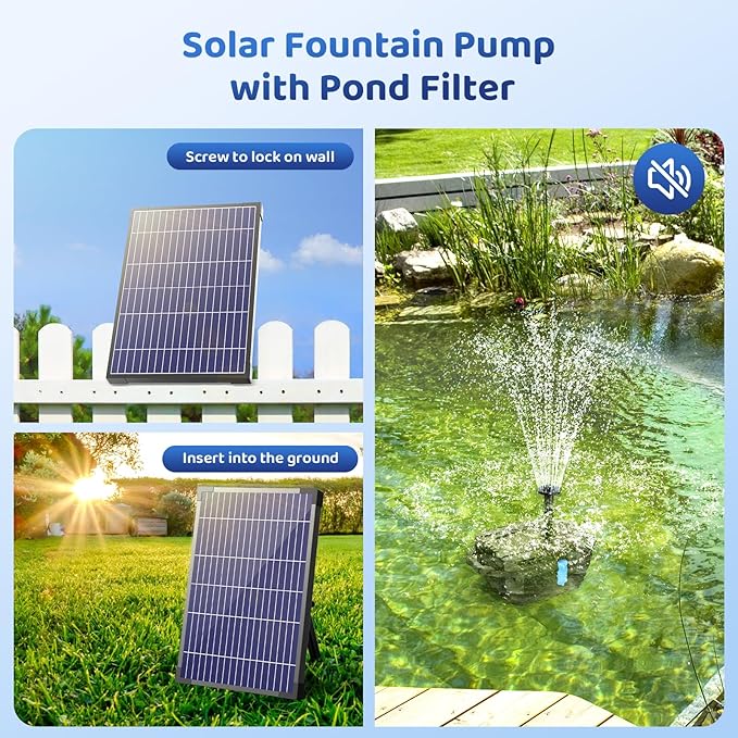 Antfraer 12W Solar Fountain Pump & Pond Filter Kit – Integrated Filtration System with 4 Nozzles, 6.6FT PVC Tubing Pond Filter for Outdoor Ponds, Gardens, Waterfalls, Fountains