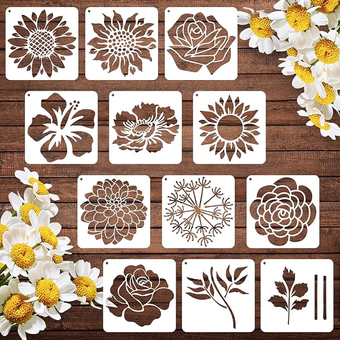 12PCS Large Flower Stencils for Painting, 12x12 Inch Reusable Floral Stencils, Rose Hibiscus Daisy Sunflower Stencil, Flower Stencil for Wall, Garden, Fence, Furniture, Wood, Garden, Fabric, DIY Decor