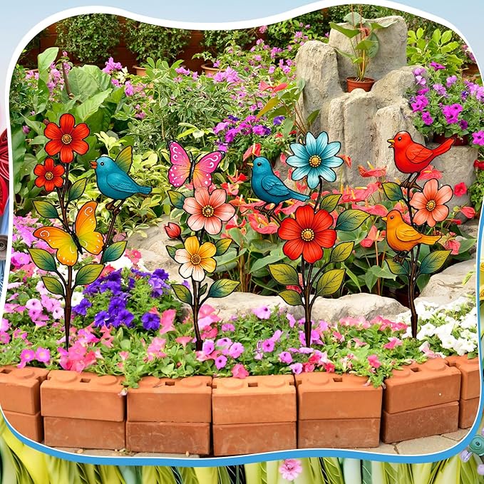 4 Pack Metal Flowers Outdoor Decor Spring Garden Stakes for Outside 15'' Decorative Colorful Flowers Birds Butterfly Yard Art Rust Proof Plant Sticks for Yard Lawn Pathway Patio Outside Walkway