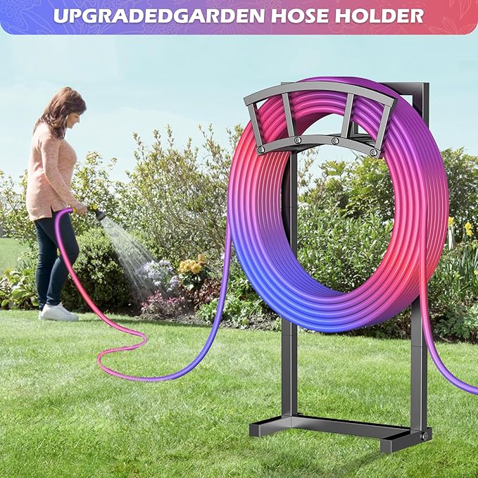 Garden Hose Holder Freestanding, Outdoor Heavy Duty Water Hose Holder Reel with 4 Spikes Holds 150-ft Water Pipe, Detachable Metal Hose Storage Stand Hanger Rack for Outside Yard Lawn Farm, Black
