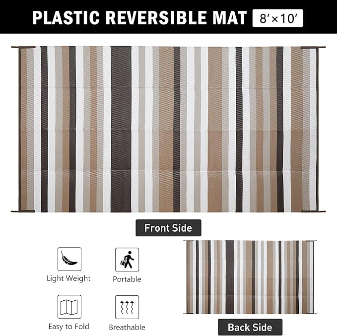 HUGEAR Outdoor Waterproof Rug 8'x10' Plastic Straw Rugs Washable Reversible Floor Mat Brown Stripe Carpet for Camping RV Deck Entryance Porch Picnic Balcony Beach Backyard
