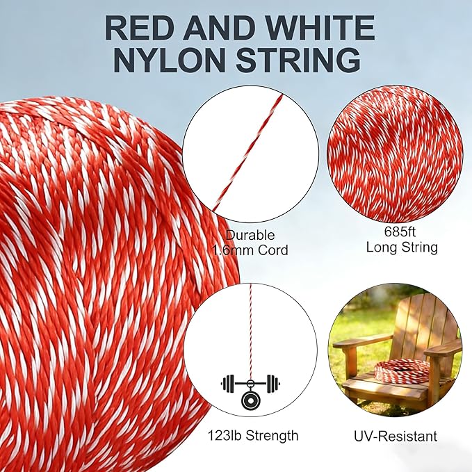 Red and White Nylon String,685ft 1.5mm UV-Resistant Nylon Cord Twine for Garden,Tomato,Climbing Plant,Tie Floristry,Fishing,Wrapping,Camping and Outdoor Survival,Netting Home Improvement