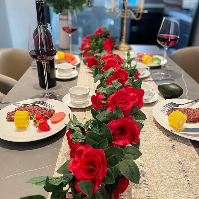2 Pack (16FT) Artificial Rose Vine Fake Flowers Garland Hanging Silk Rose Ivy Plants Vine for Mother's Day Wedding Arch Party Garden Wall Aesthetic Art Décor (Red)