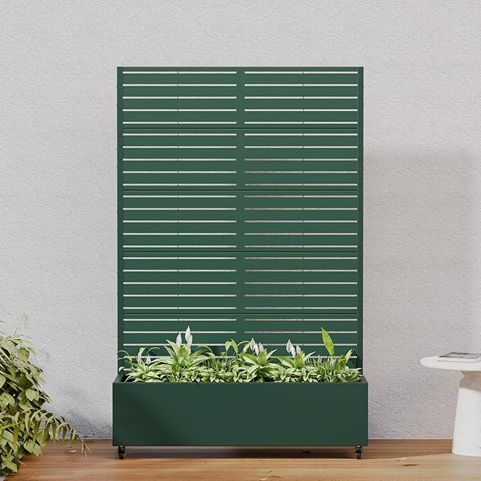 Casaphoria Metal Raised Garden Bed with Trellis and Wheels, 72"x47"x16" Planter Box for Climbing Plants, Vegetables & Vines, Features Drainage Holes and Privacy Screen, Drak Green-Louvered
