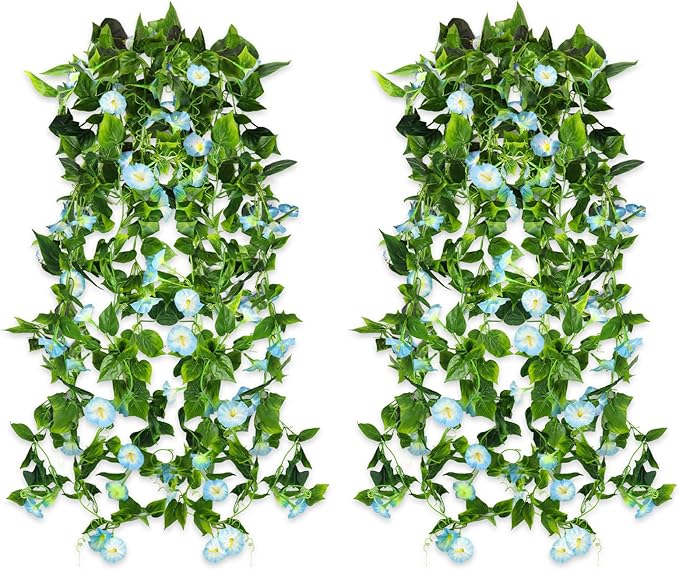 AirSun Artificial Morning Glory Flower Vines, 2pcs 15Feet Hanging Plants Silk Garland Fake Green Plant Home Garden Wall Fence Indoor Outdoor Wedding Birthday Decor