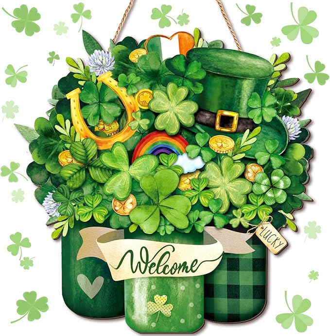 Boao St. Patrick's Day Welcome Sign Wooden Hanging Decor Farmhouse Rustic Door Decoration St. Patrick's Day Wreath Sign with Bow Ornament for Irish Home Indoor Outdoor Holiday Farmhouse Window