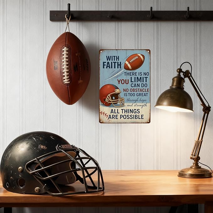 Football Party Decorations With Faith Football Metal Sign – Vintage Christian Sports Wall Art for Locker Room, Bedroom, or Gym – Motivational Football Gift for Athletes, Coaches, and Football Fans (FOOTBALL)