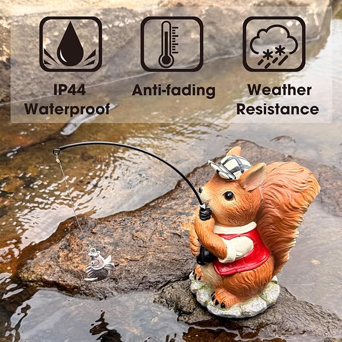 Squirrel Outdoor Statue Koi Pond Garden Decoration, Squirrel Decor for Yard 7.1'' Fishing Sculpture Outdoor Patio, Lawn Accessory, Fishing Animals for Waterfall or Koi Pond Additional, Gifts for Mom