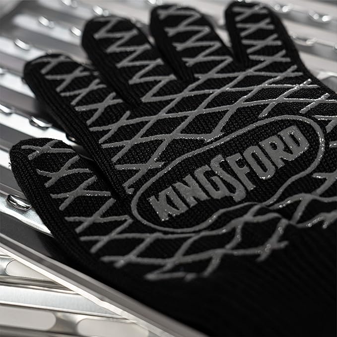 Kingsford Heat Resistant BBQ Grill Gloves, Aramid Fiber and Silicone Grip, Five Finger Gloves for Grilling, Baking, Frying, Smoker and Fire Pit Outdoor Use, One Size - 2 Count
