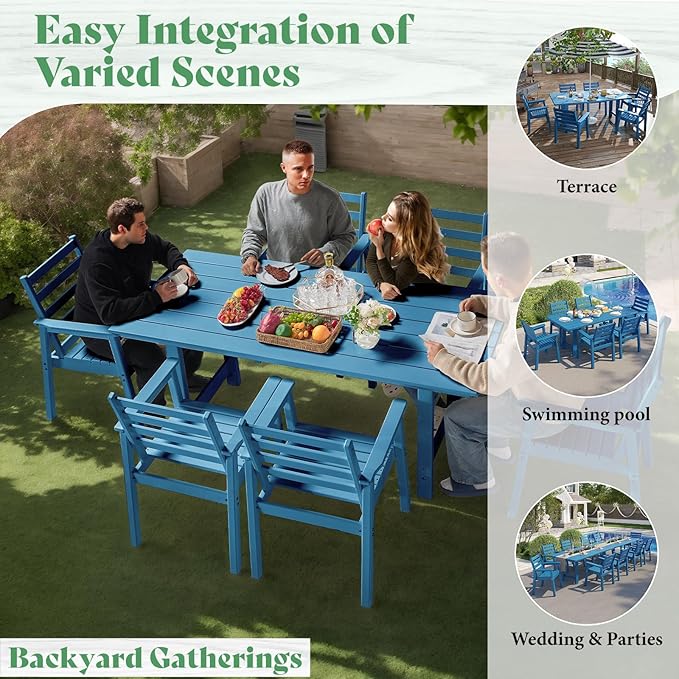 AMERLIFE 7-Piece HDPE Outdoor Dining Set with Umbrella Hole, 71" L Patio Table and Chairs Set for 6, Modern Garden Dining Set for Backyard, Poolside, Porch, Blue