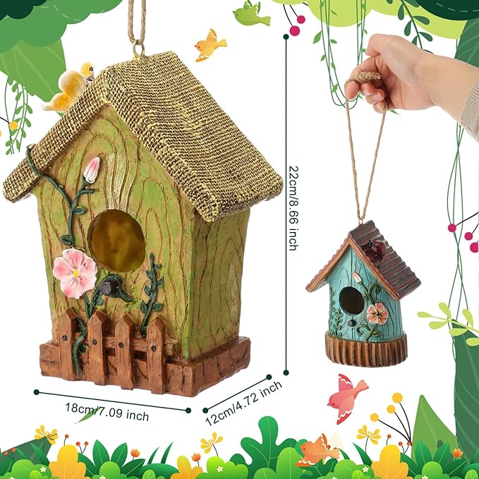 2 Pcs Decorative Birdhouse for Outdoor Hanging Bird Houses for Outside Colorful Decorative Cute Resin Birdhouses for Outside Indoors Garden Backyard Decor, Gift for Bird Lovers (Simple)