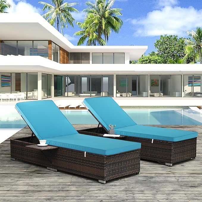 Outdoor Chaise Lounge Cushion Set of 2, Fadesafe Water-Repellent Lounge Deck Reclining Chair Cushions for Patio Furniture Lawn Pool Resort Hotel, 80x26x3 Inch, Teal
