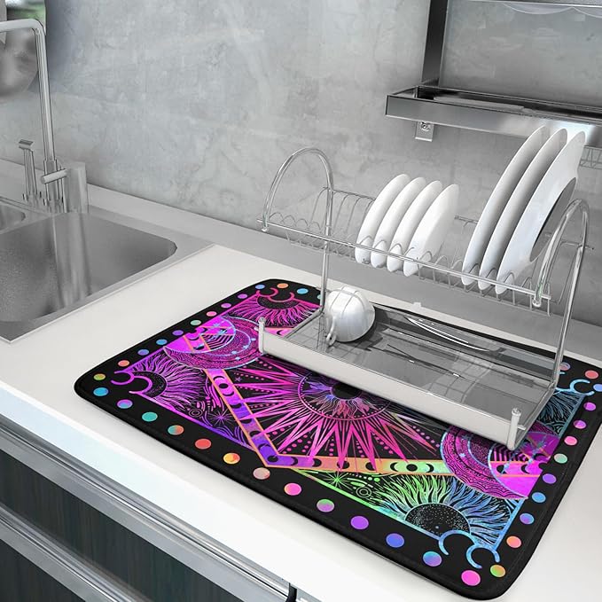 Colorful Microfiber Dish Drying Mat for Kitchen Counter 18 X 24 in Moon Decoration Dishes Pad Coffee Mats
