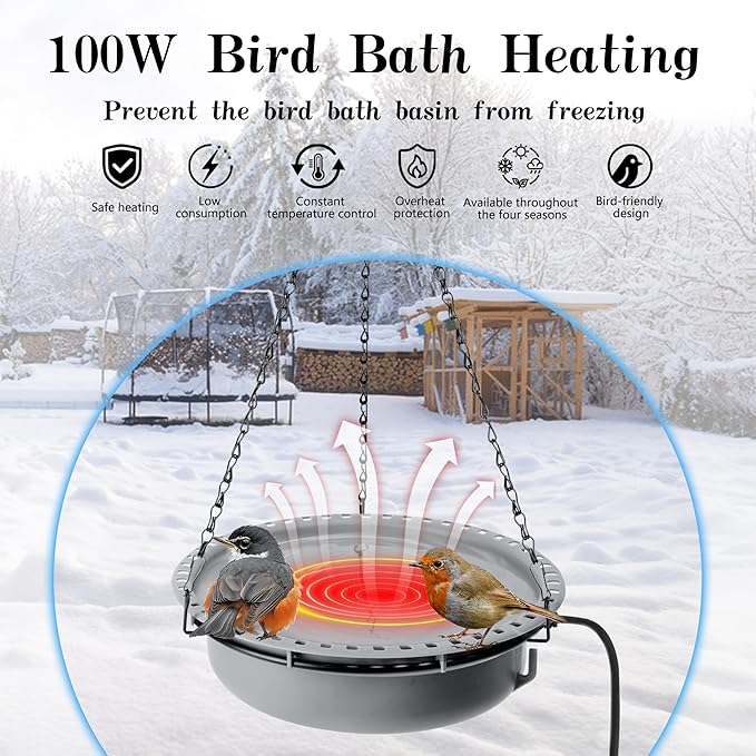 Adnee Hanging Heated Birdbath for Winter Outdoor, 100W Thermostatical Heated Bird Bath with Power Cord, Hanging Garden Bird Bath for Outside Patio Yard Decoration