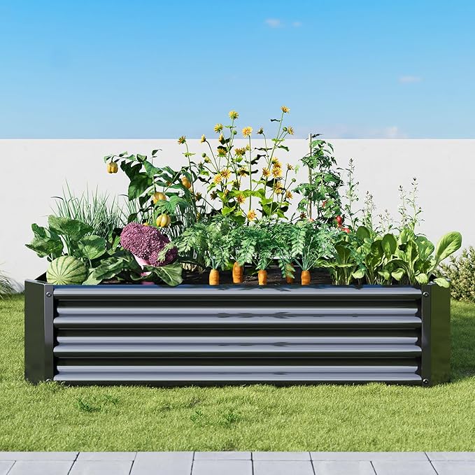Metal Galvanized Raised Garden Bed Kit, 4 x 2 x 1 ft Galvanized Steel Raised Garden Planter Box Outdoor with Open Base for Growing Vegetables/Flowers/Herbs/Fruits/Succulents, Rectangle, Black
