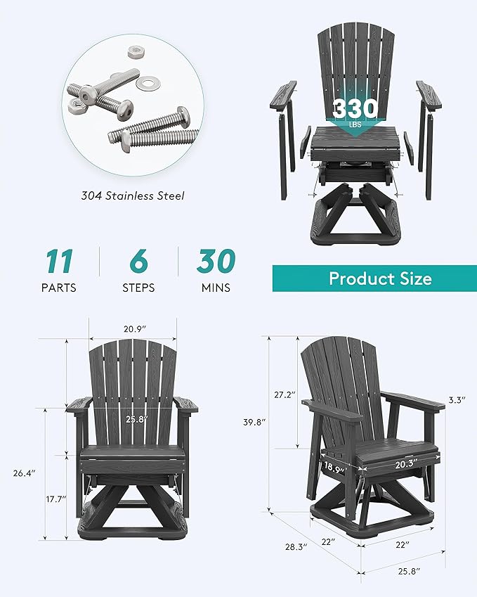 SERWALL Adirondack Swivel Glider Chair, HDPE Glider Set of 4 for Outdoor, All-Weather Glider Chair for Porch, Balcony, Slate Grey