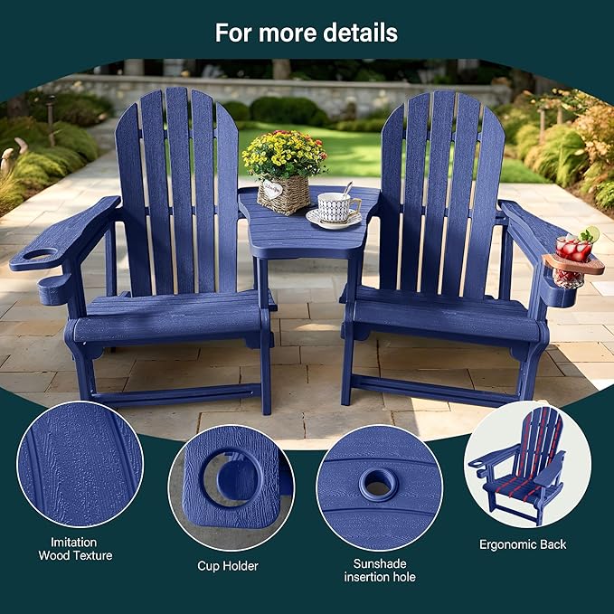 HDPE Adirondack Chairs for Outside, All-Weather Patio Chairs with Cup Holder, Outdoor Lawn Chair for Poolside/Fire Pit/Backyard/Deck, Blue Double Adirondack Chair with Table