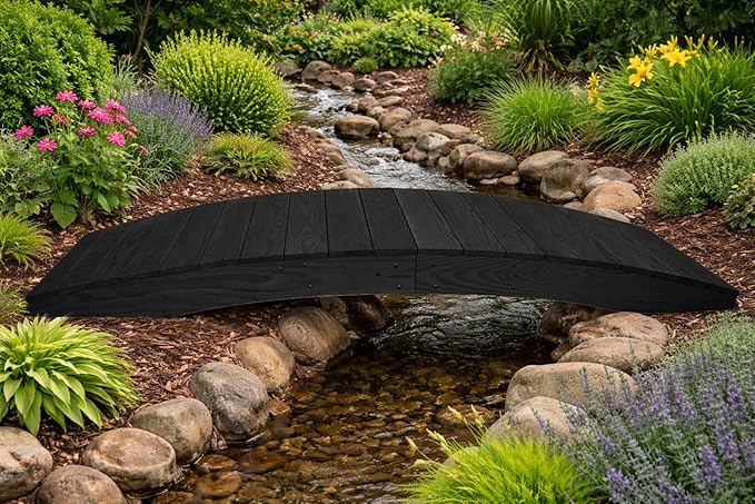 8 FT Black Amish Made Pinewood Heavy Duty Garden Bridge for Walkway, Backyard Pond & Landscaping, Outdoor Wooden Footbridge for Koi Pond, Japanese Style Decorative Bridge, Made in USA