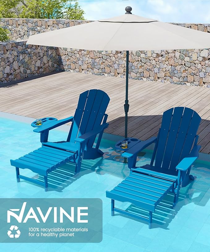 Adjustable Adirondack Chair with Retractable Ottoman Set of 2, HDPE Folding Adirondack Chair with Cup Holder, All Weather Fire Pit Chair for Outdoor,Pacific Blue