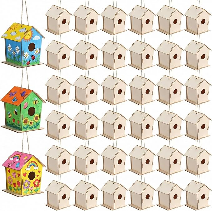 DoubleFill 12 Pcs 4.33" Wooden Bird Houses Bulk for Kids DIY Unfinished Hanging Birdhouse for Crafts Art Wood Toys boy Girl Class Activity Creative Project Parties Design Valentines Crafts