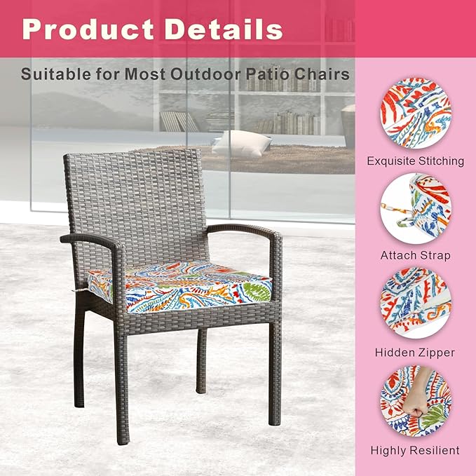 JMGBird Outdoor Chair Cushions Set of 4 - Waterproof Patio Seat Cushions 19x19 Inch with Ties, Paisley Pattern High Density Foam Square Cushions for Garden Furniture