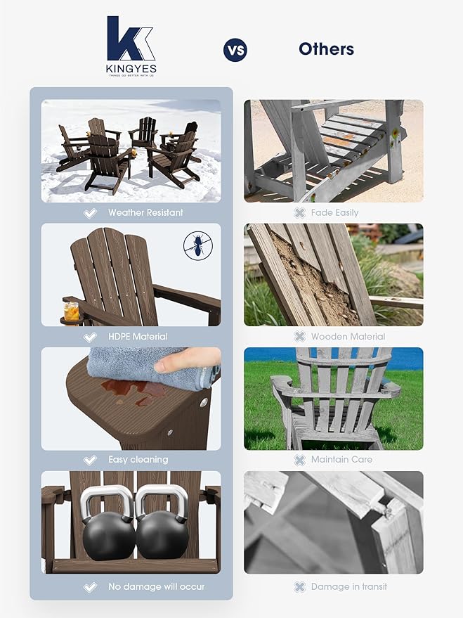 KINGYES Folding Adirondack Chair Set of 4, HDPE All-Weather Patio Chairs with Cup Holder, Wooden Textured Fire Pit Chairs for Poolside, Backyard, Deck, Coffee