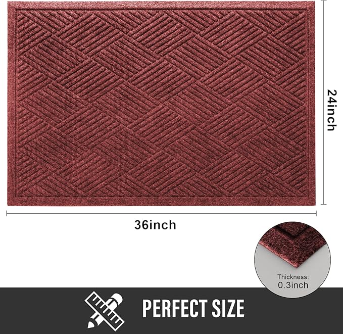 Sturdy Front Door Mat, Absorbent Muddy Dirt Resist Welcome Door Mats Outdoor Indoor, Stain and Fade Resistant, Non-Slip Rubber Backing Low Profile Doormat for Entryway, 36×24, Red