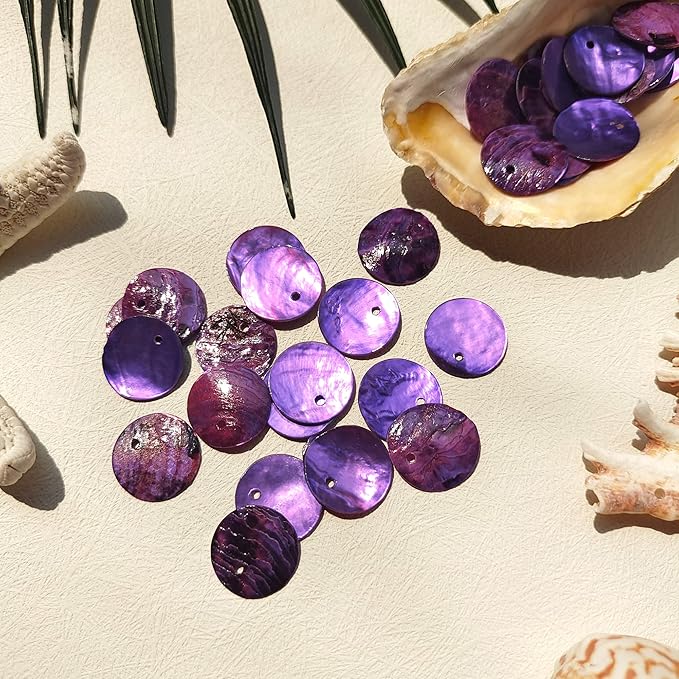 Firstmeet Shell Beads 150pcs Natural 15mm Flat Round Mussel Shell Coin Drop Charm Beads with Iridescent Back for Handcraft Jewelry Making(DIY-1023-Purple-15)